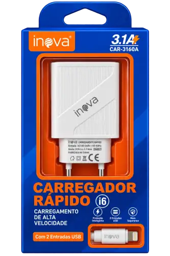 Carregador Rápido Inova 3.1A com 2 Entradas USB + Cabo para iPhone – CAR-3160A