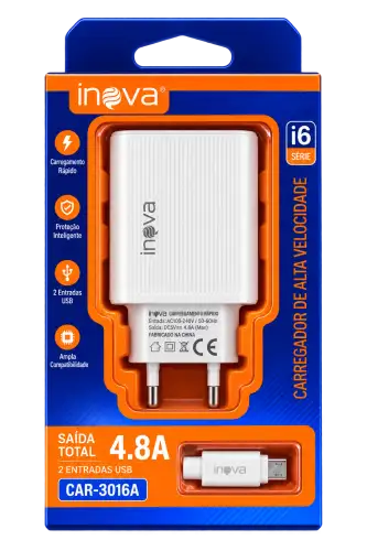 Carregador Rápido Inova 4.8A com 2 Entradas USB + Cabo para iPhone