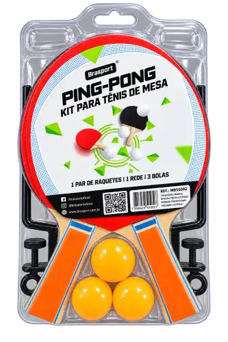 Kit de Ping Pong Brasport – 2 Raquetes, 1 Rede e 3 Bolas.