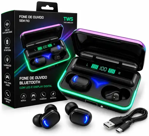 Fone de Ouvido Bluetooth TWS Gamer com LED RGB e Display Digital – Sem Fio