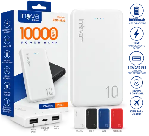 Power Bank Inova Prime 10.000mAh 10W – Carregador Portátil USB com 2 Saídas