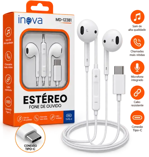 Fone de Ouvido Inova MD-12381 Tipo-C Estéreo com Microfone – Cabo Resistente