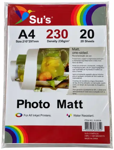 Papel Fotográfico Matte A4 230g com 20 Folhas – Su's